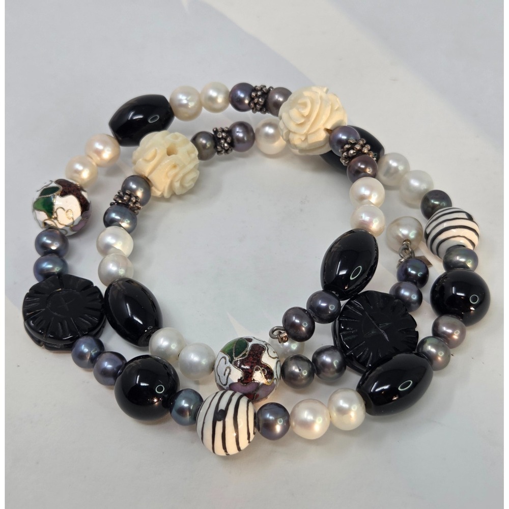 Bead Wrap Bracelet Sterling Silver‎ Onyx Pearl Cloisonne Carved Flower BJ China